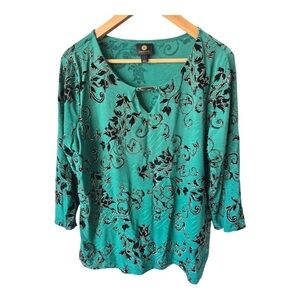 JM Collection Burnout Velvet Blouse Sz L Women Paisley Black Green Cutout Y2k